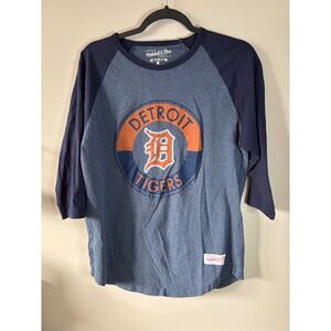 Mitchell & Ness Detroit Tigers Raglan Baseball Shirt Mens Large Blue 3/4 Sleeve